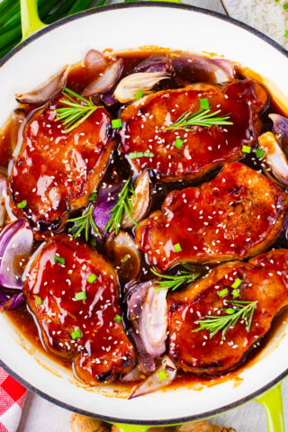 General Tso pork chops with red onions.