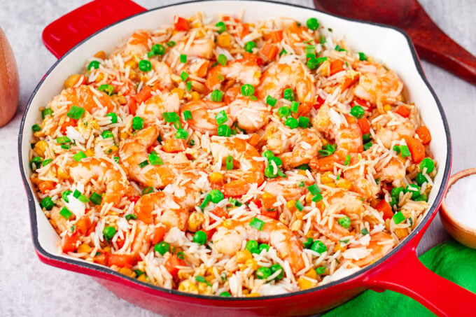 Homemade shrimp fried rice with veggies.