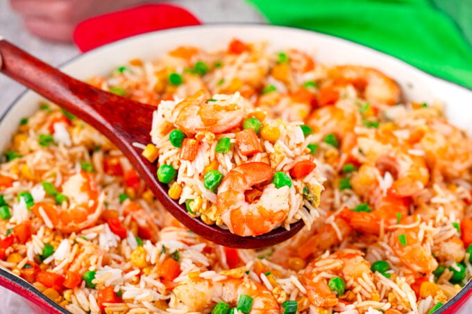 A spoonful of authentic shrimp fried rice.