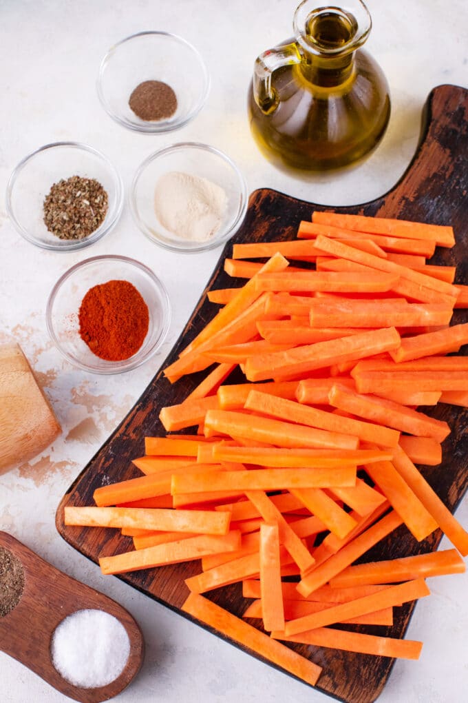 Overhead shot of air fried sweet potato fries ingredients.