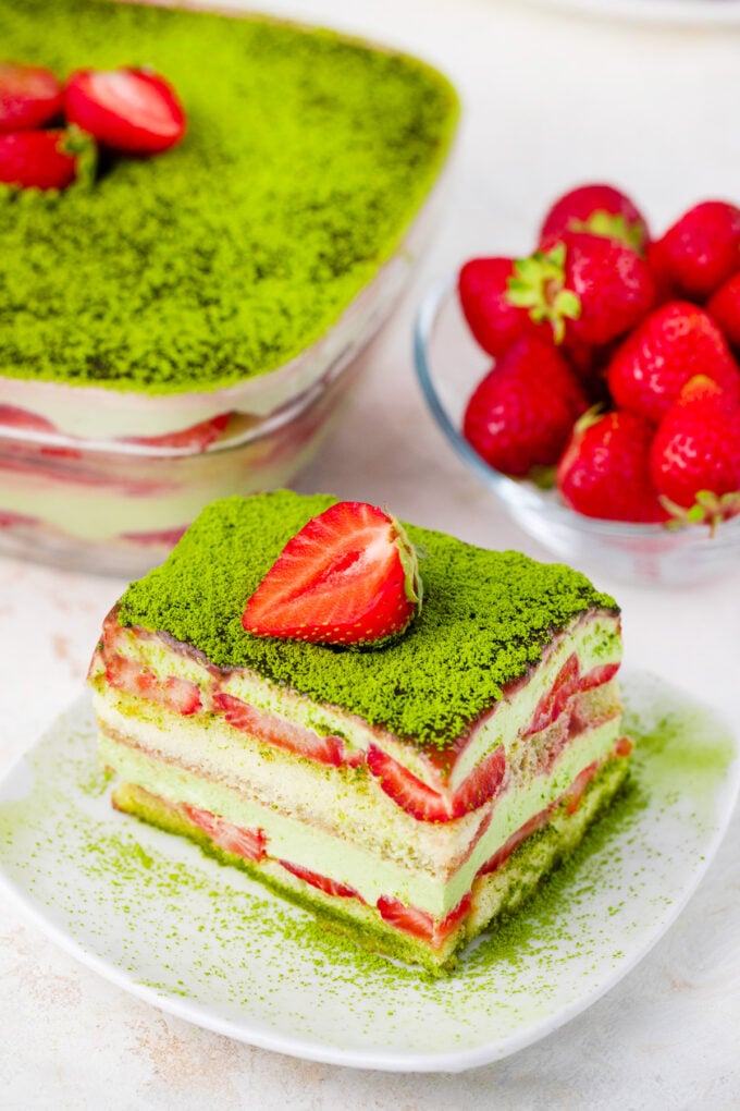 Matcha strawberry tiramisu with freshstrawberries.