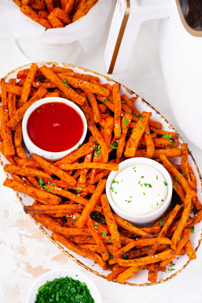 Crunchy and crispy air fried sweet potato fries.