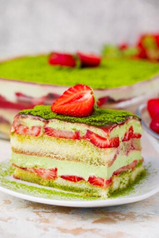 A slice of homemade matcha strawberry tiramisu.