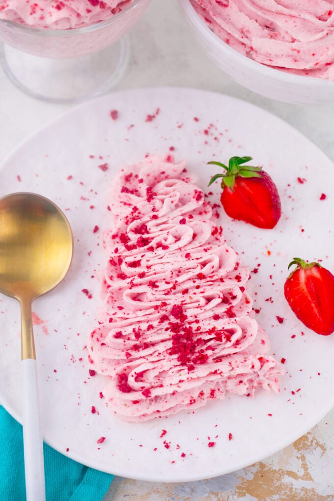 strawberry whipped cream with freeze-dried strawberries.