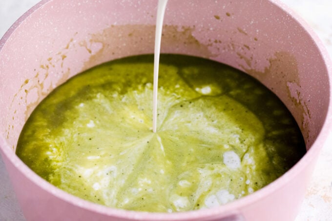 Making matcha panna cotta.