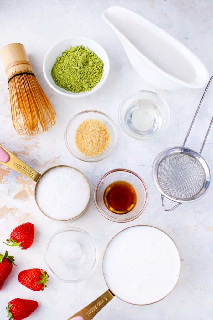 Overhead shot of matcha panna cotta recipe ingredients.
